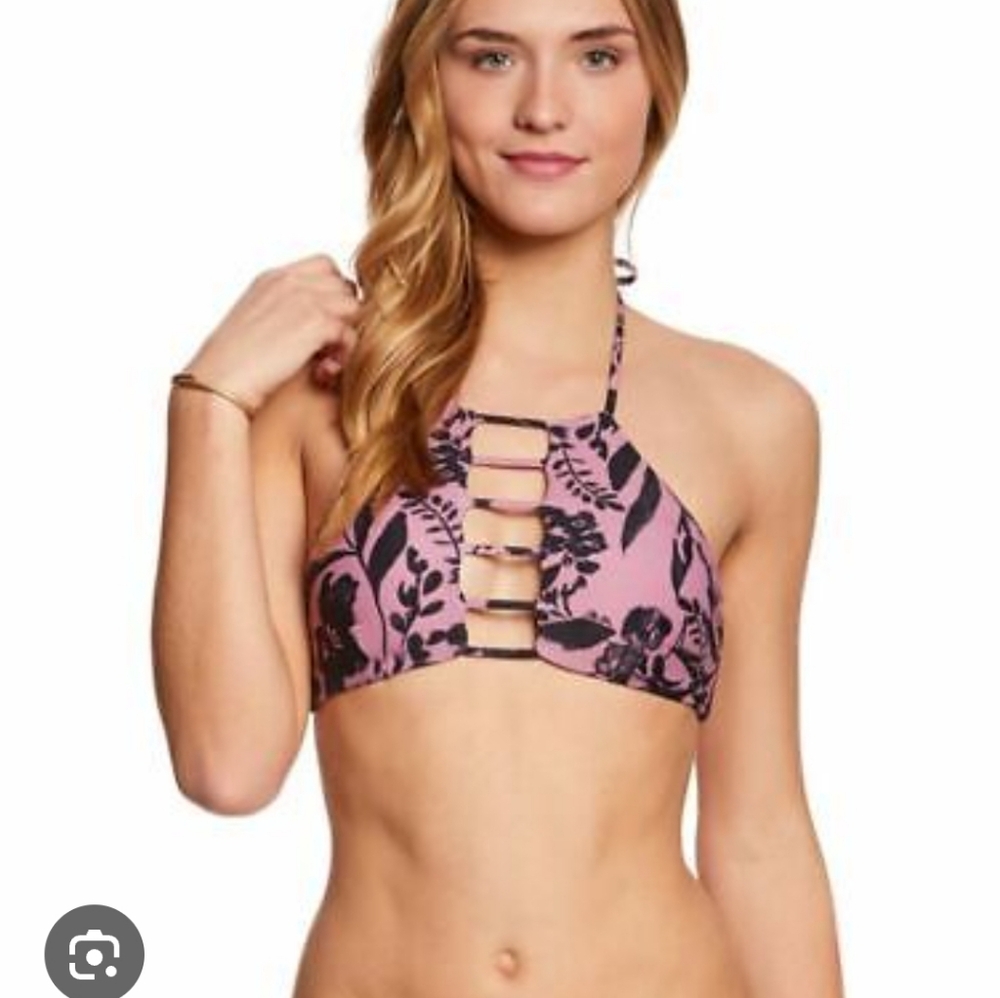 ONEILL Reversible Purple Floral Strappy Halter Swim Top Small